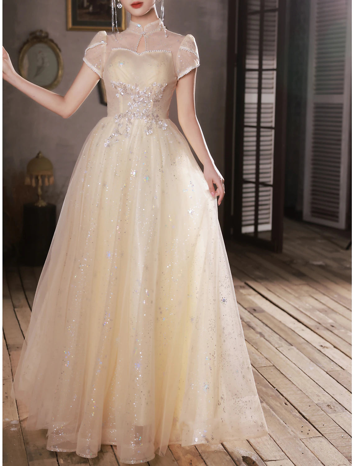 Wholesale A-Line Evening Gown Sparkle & Shine Dress Engagement Prom Floor Length Short Sleeve Stand Collar Satin with Buttons Ruched Pearls